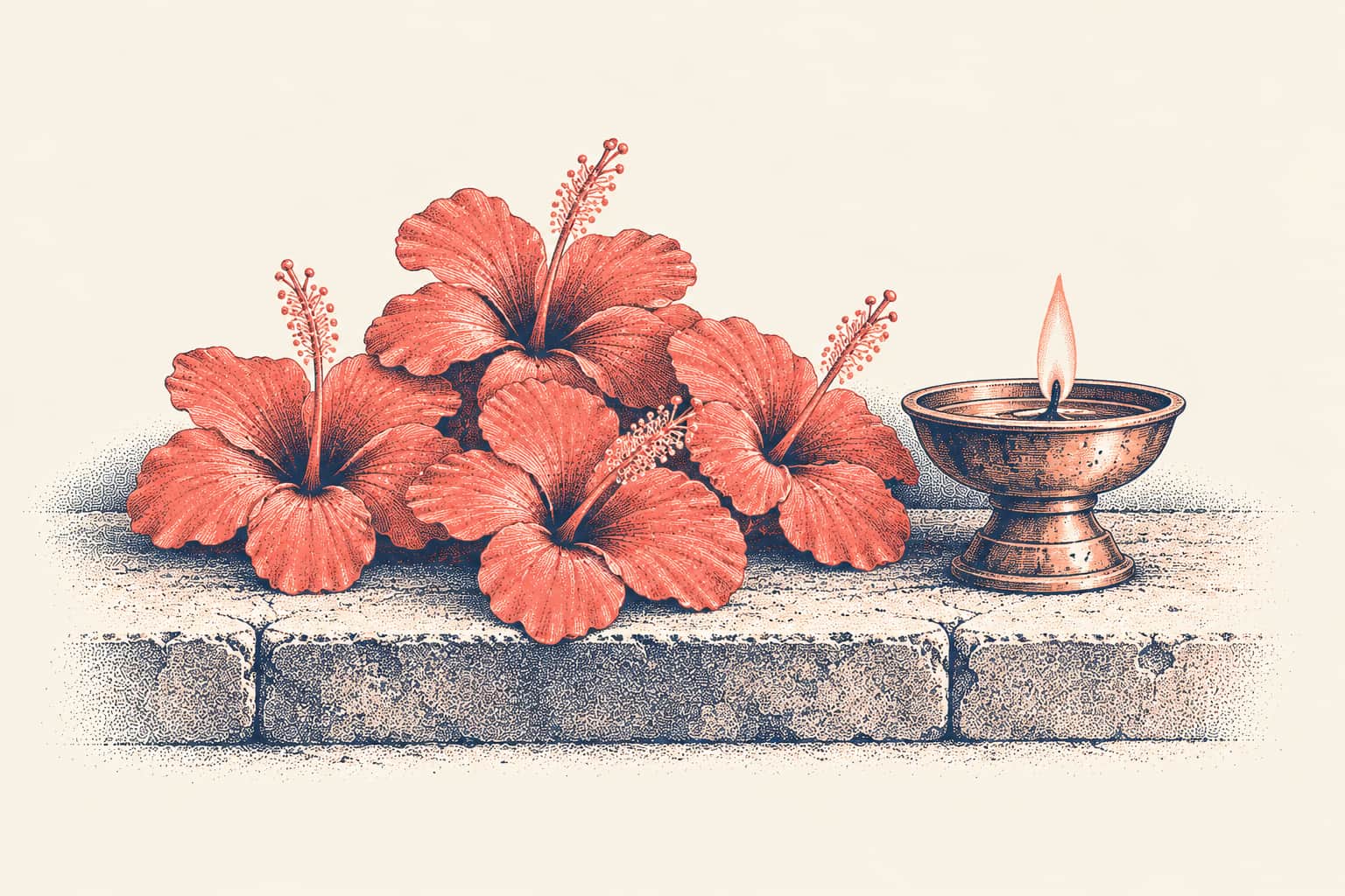 Red hibiscus flowers and a small brass oil lamp on a worn stone temple step