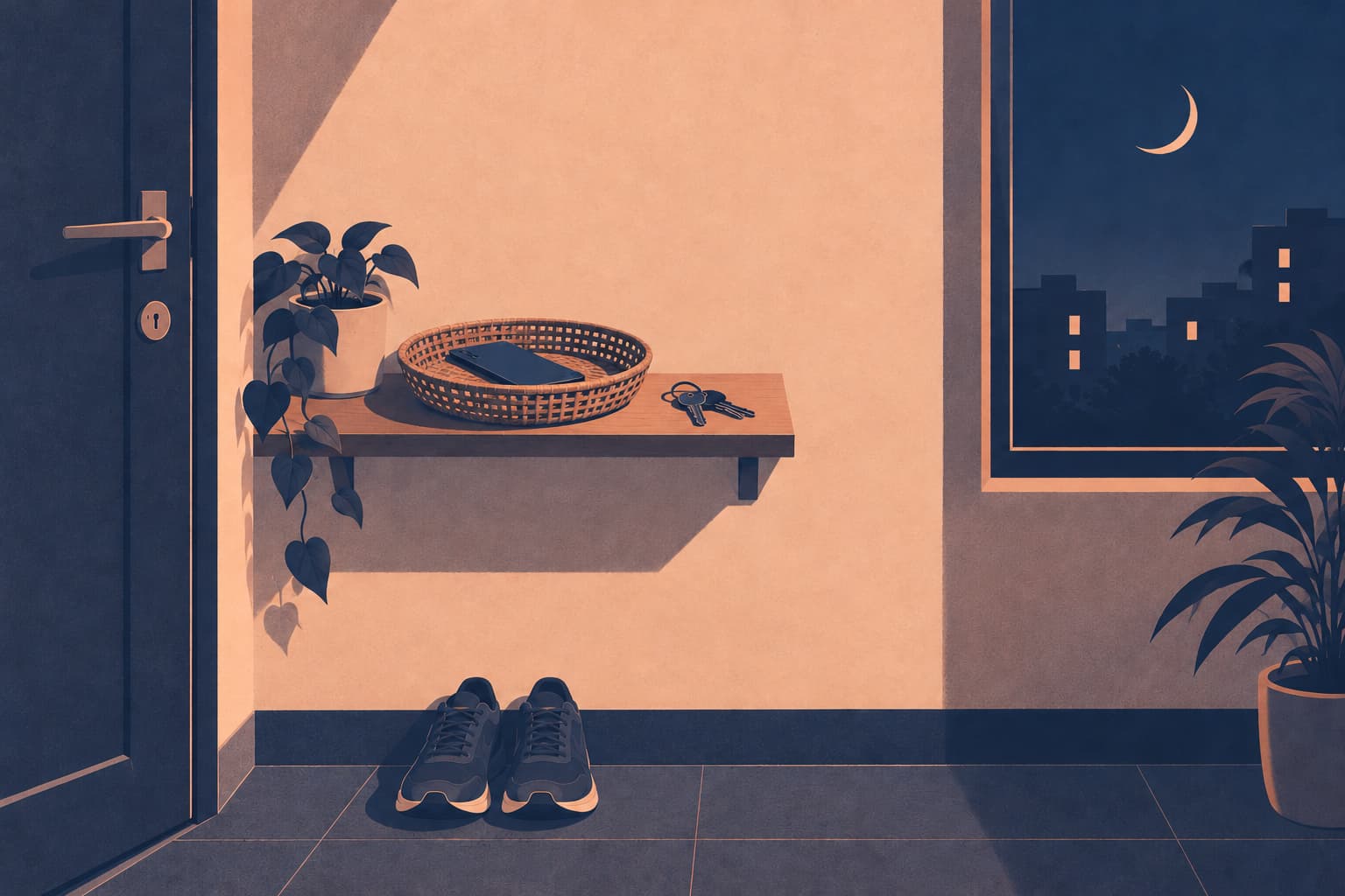 A phone lying face-down in a cane basket on a shelf by the front door at night, with running shoes on the floor below