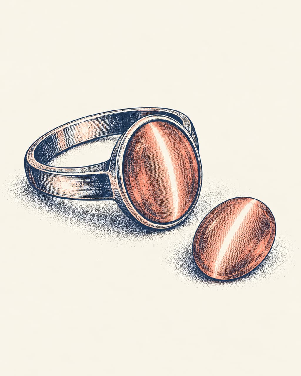 A silver ring set with an oval cat's eye stone, its single band of light across the dome, beside a loose cat's eye