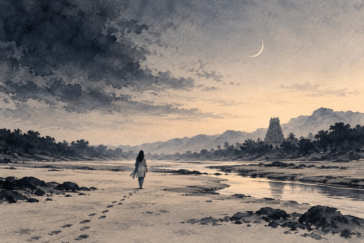 A young woman walks alone across the wide dry riverbed of the Swarnamukhi at first light, the Srikalahasti temple gopuram small on the far bank