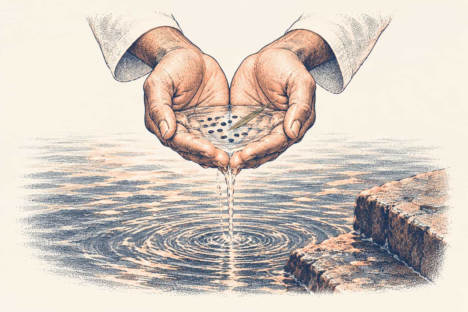Two cupped hands letting water with black sesame seeds and a blade of kusha grass fall back into a river, the offering made in Pitru Tarpan