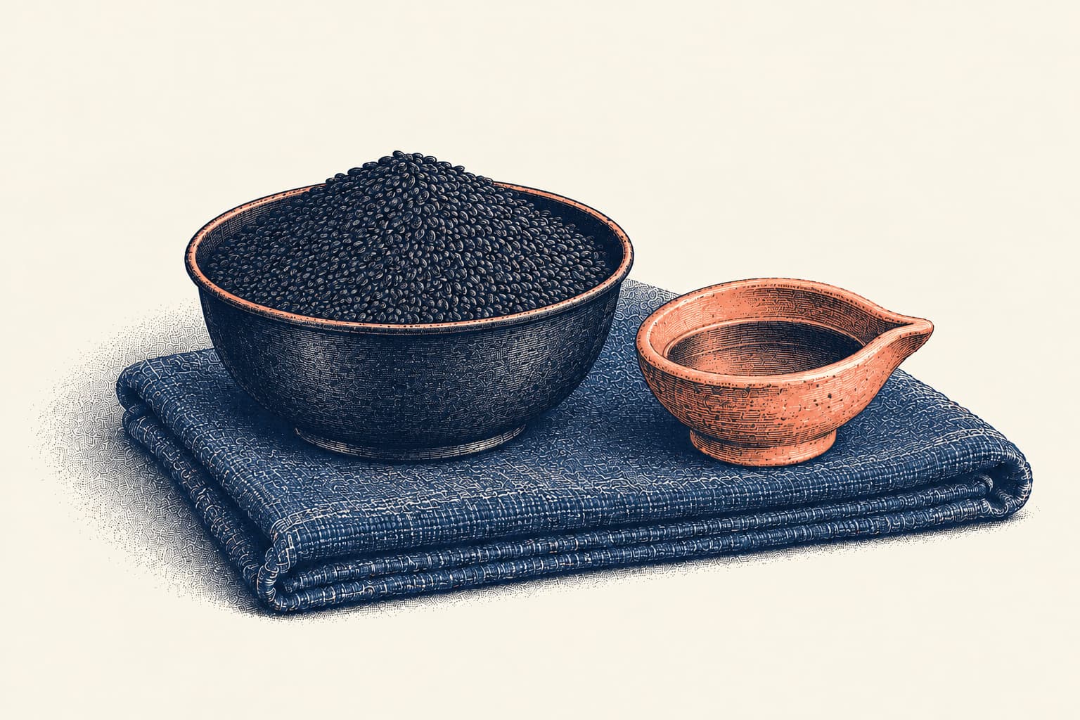 An iron bowl of black sesame seeds and a clay oil lamp on a folded dark blue cloth, the traditional items given in charity for Saturn