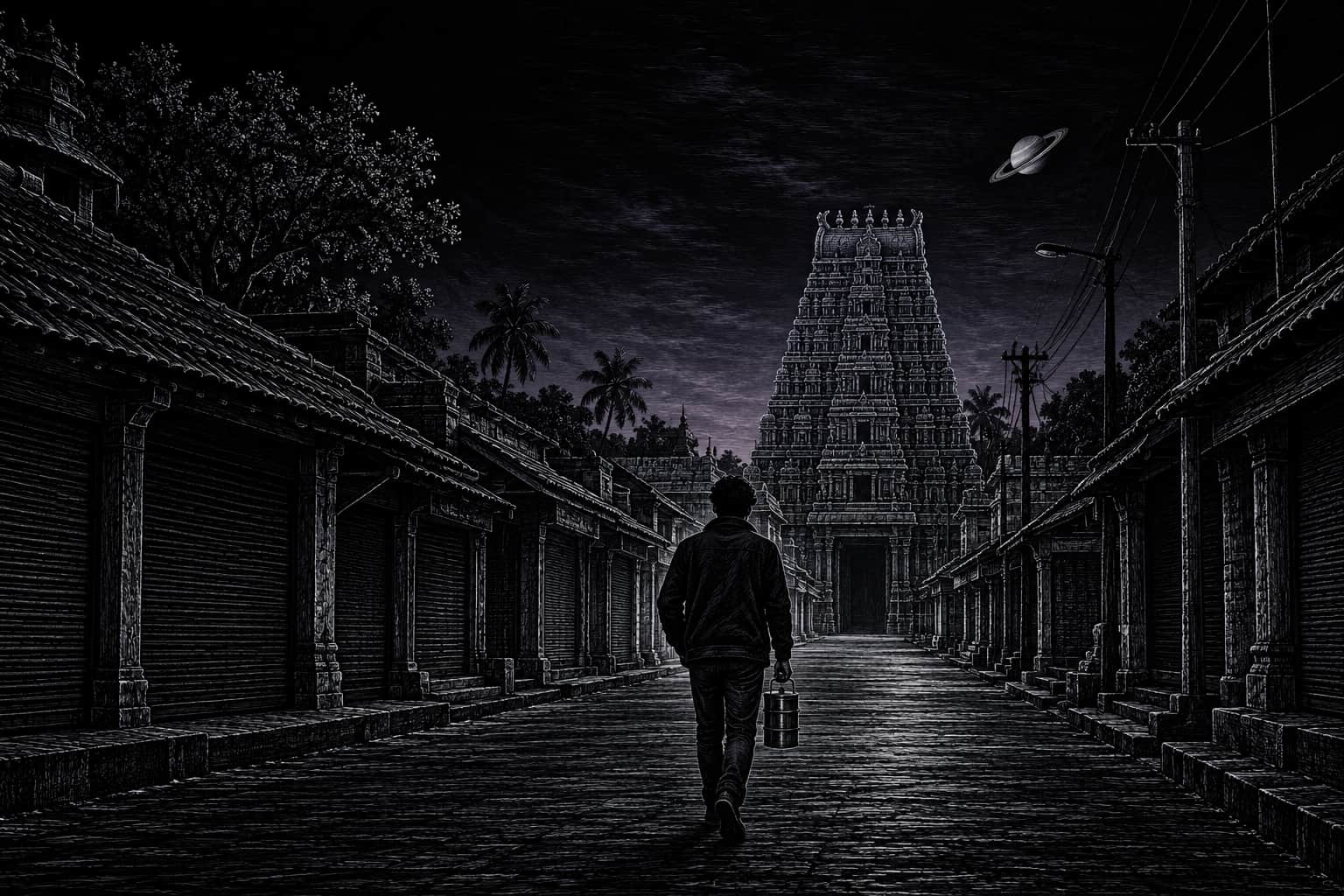 A young person carrying a steel tiffin walks up an empty temple street in Thirunallar before dawn, toward the gopuram, with Saturn low in the sky
