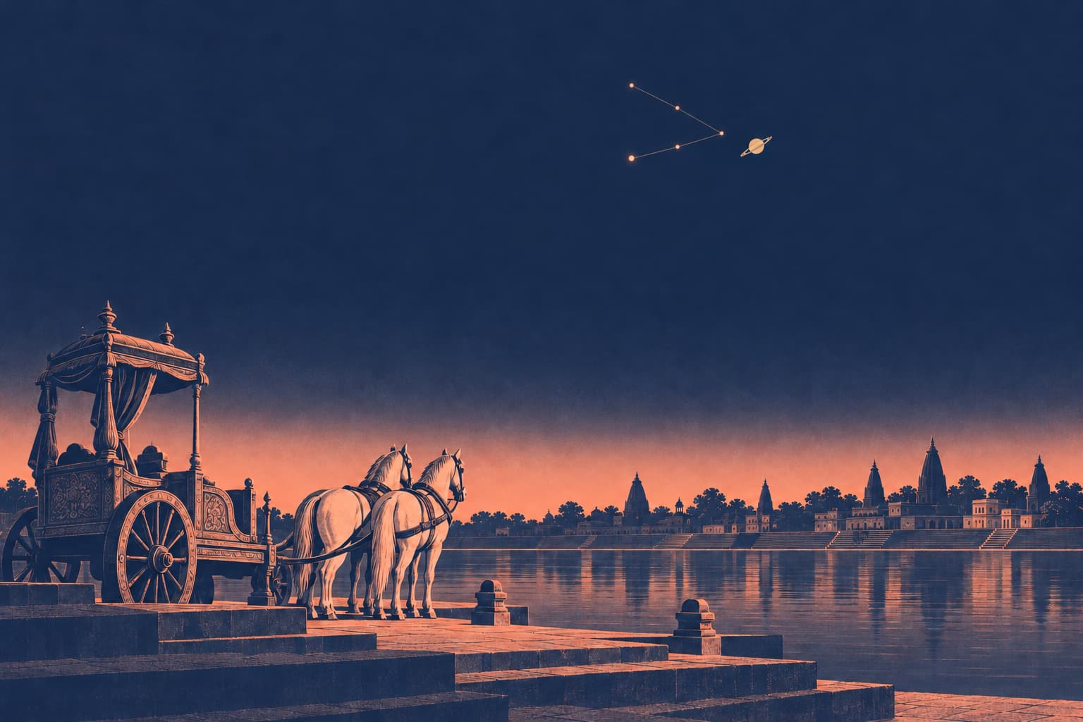 An empty royal chariot with two white horses on the Sarayu ghats at Ayodhya at night, with Saturn beside the V of the Rohini stars