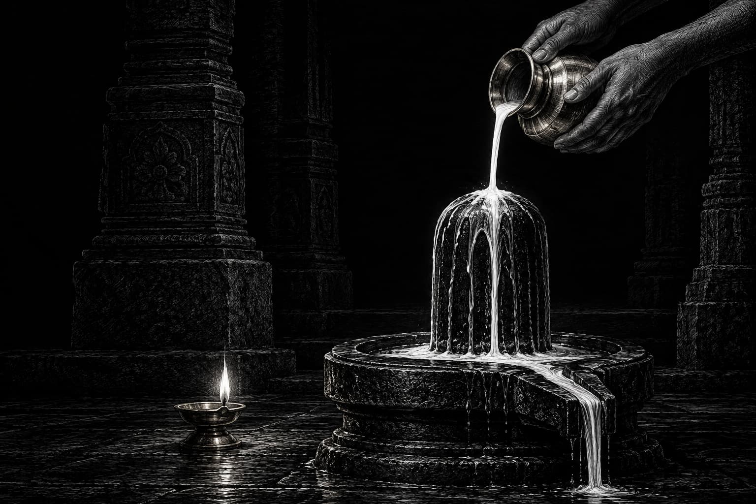 Two hands pour milk from a brass lota over a black stone Shiva lingam in a dim temple shrine, with one small oil lamp burning on the floor beside it