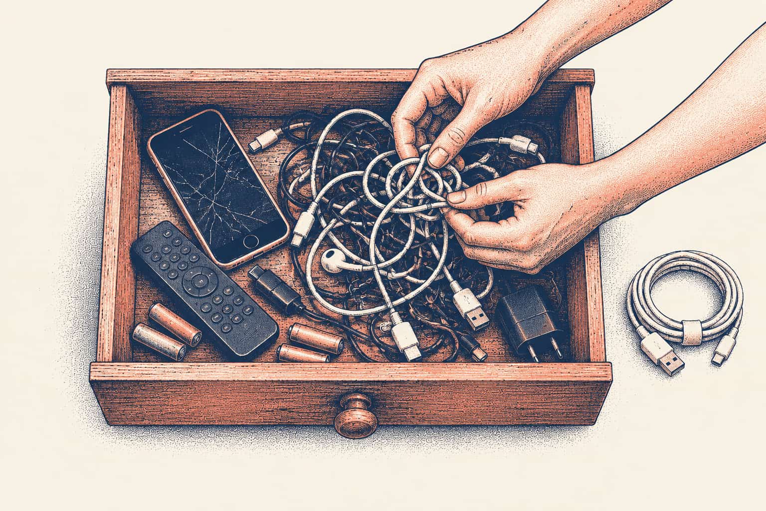 Two hands untangle a knot of old charging cables over an open drawer holding a cracked phone, a remote and loose batteries