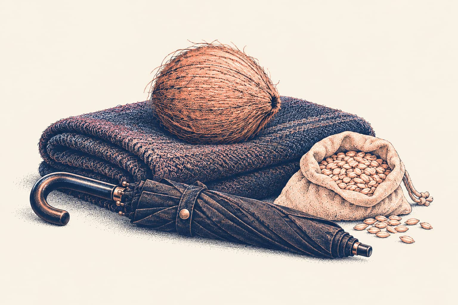 A folded dark woollen blanket with a whole coconut on top, a closed black umbrella in front and a cloth pouch of barley beside it