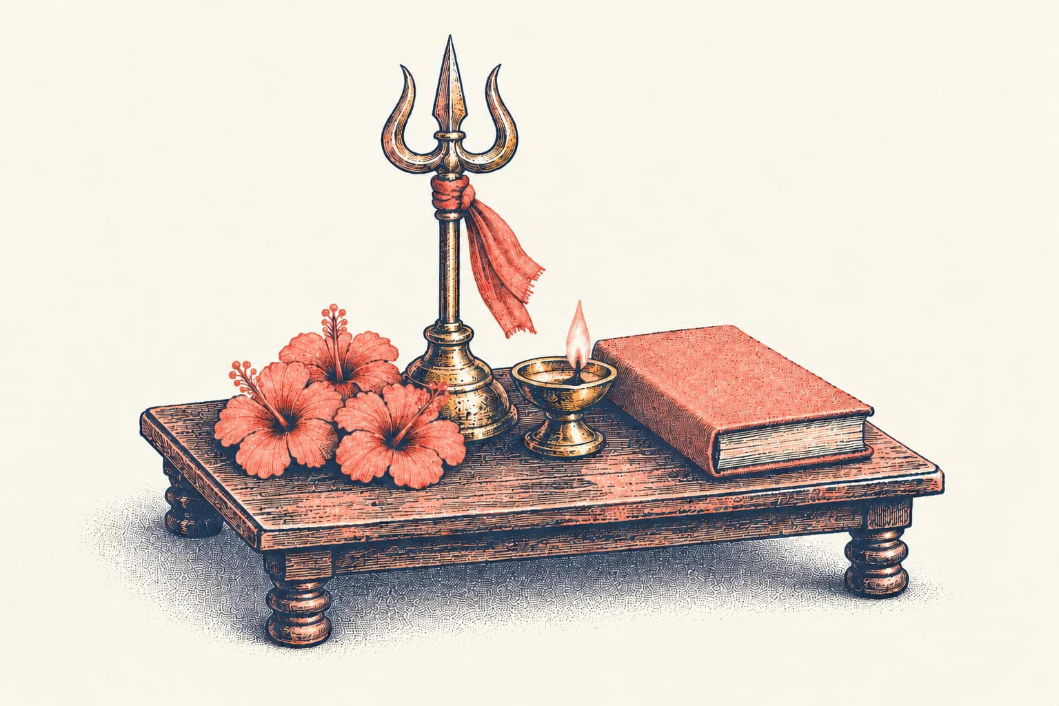 A brass trident tied with a red cloth on a low wooden stool, with red hibiscus flowers, a lit ghee lamp and a cloth-bound book beside it