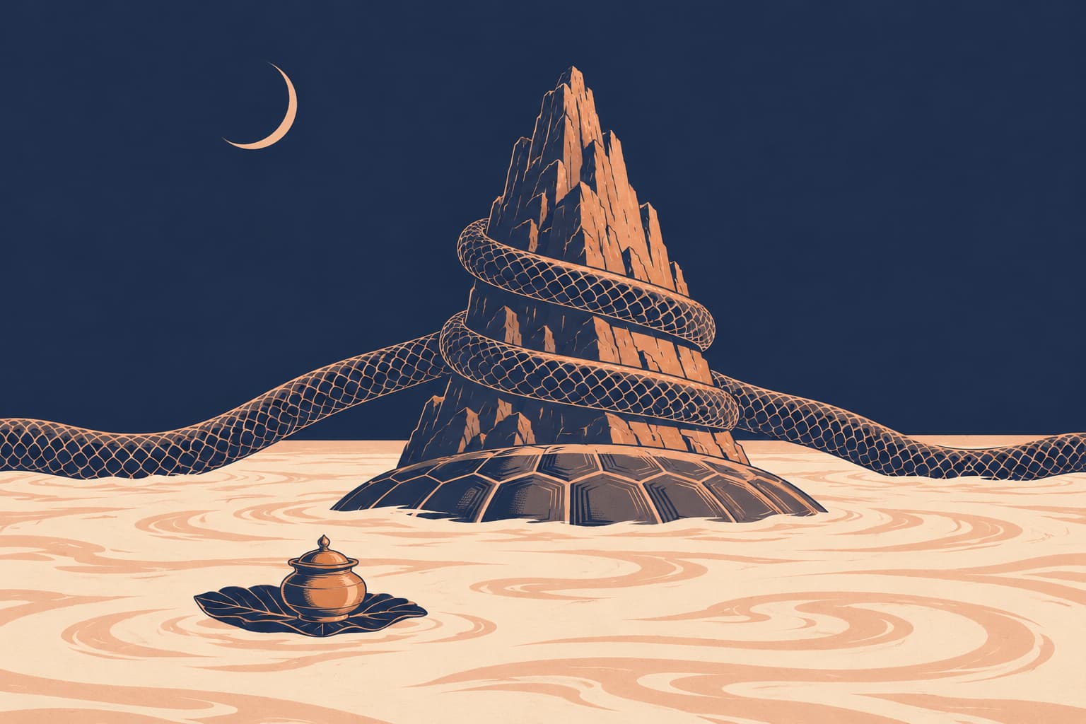 A rocky mountain wound with a serpent's coils stands on a giant tortoise shell in an ocean of milk, with a small lidded pot of nectar floating on a lotus leaf