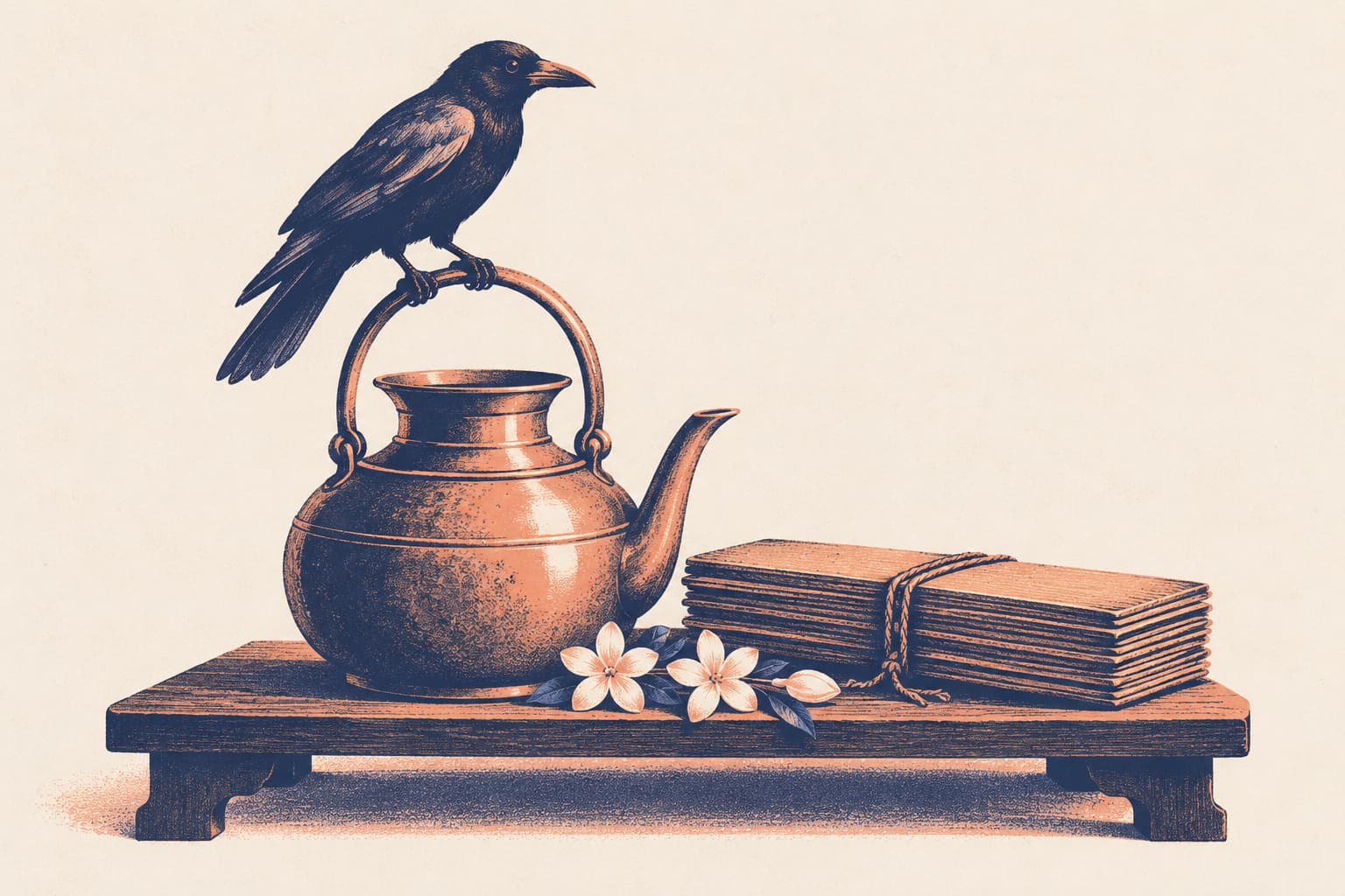A crow perched on the handle of a brass kamandalu beside a bundle of palm-leaf manuscripts and a few jasmine flowers