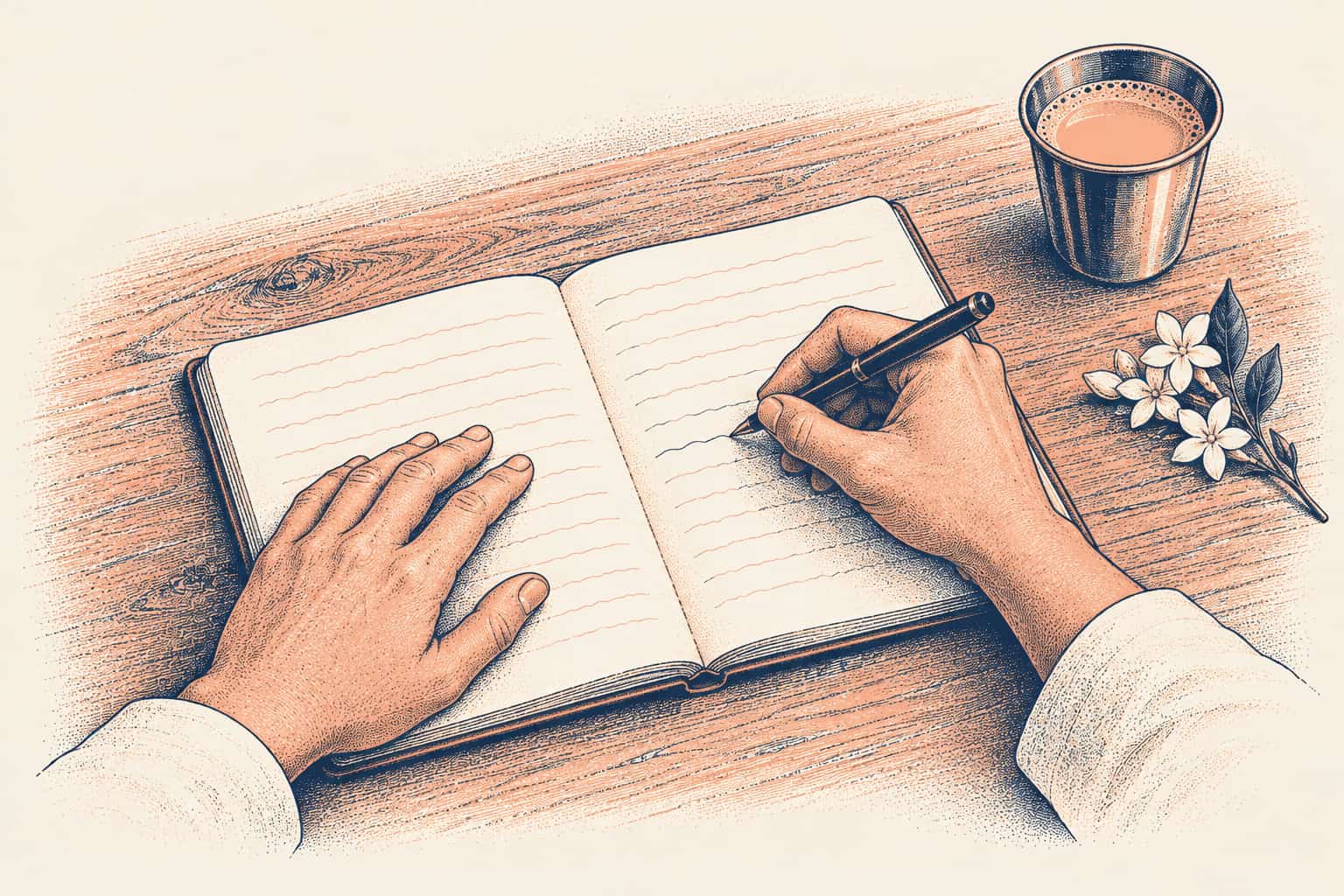 Two hands writing in an open notebook at a wooden desk, with a steel cup of chai and a sprig of jasmine beside it