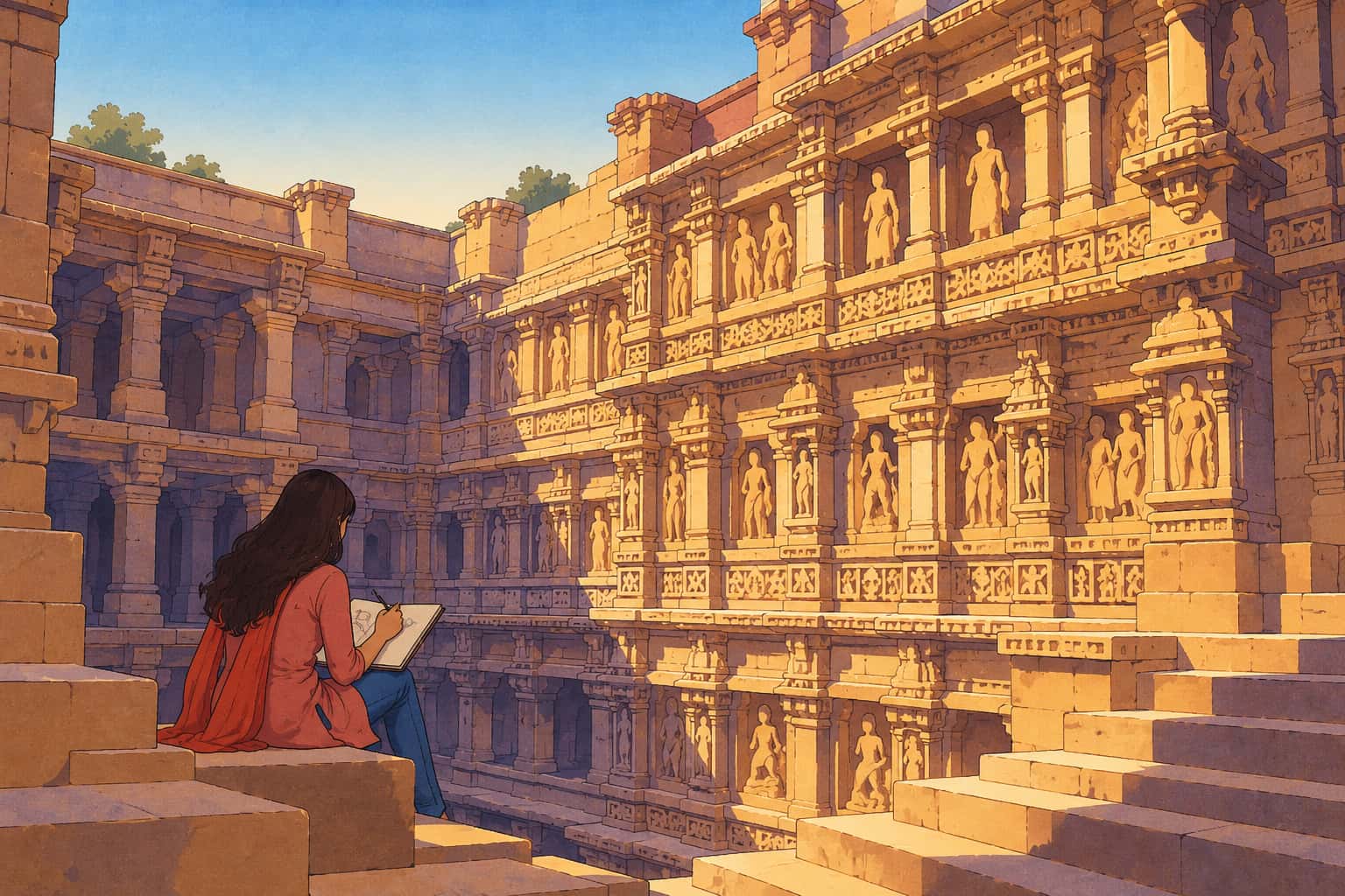 A young woman sits on a step inside the Rani ki Vav stepwell at Patan in morning light, sketching its carved sandstone wall
