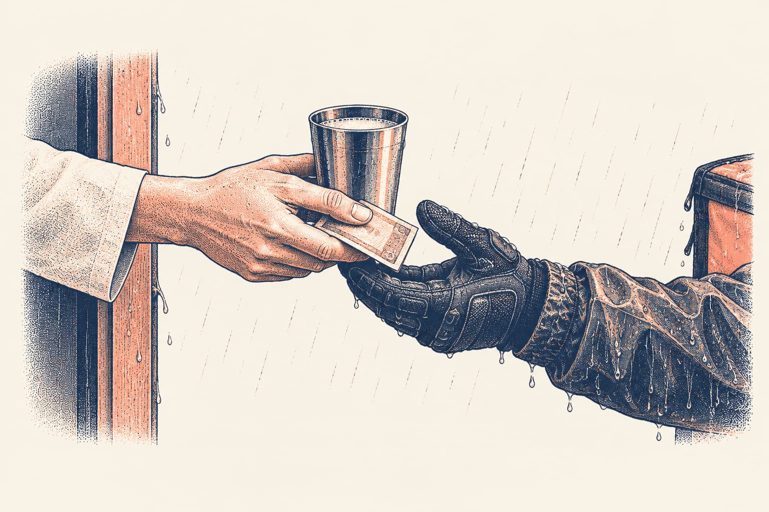 A hand at a doorway passes a steel glass of tea and a folded banknote to a delivery rider's gloved hand on a rainy evening