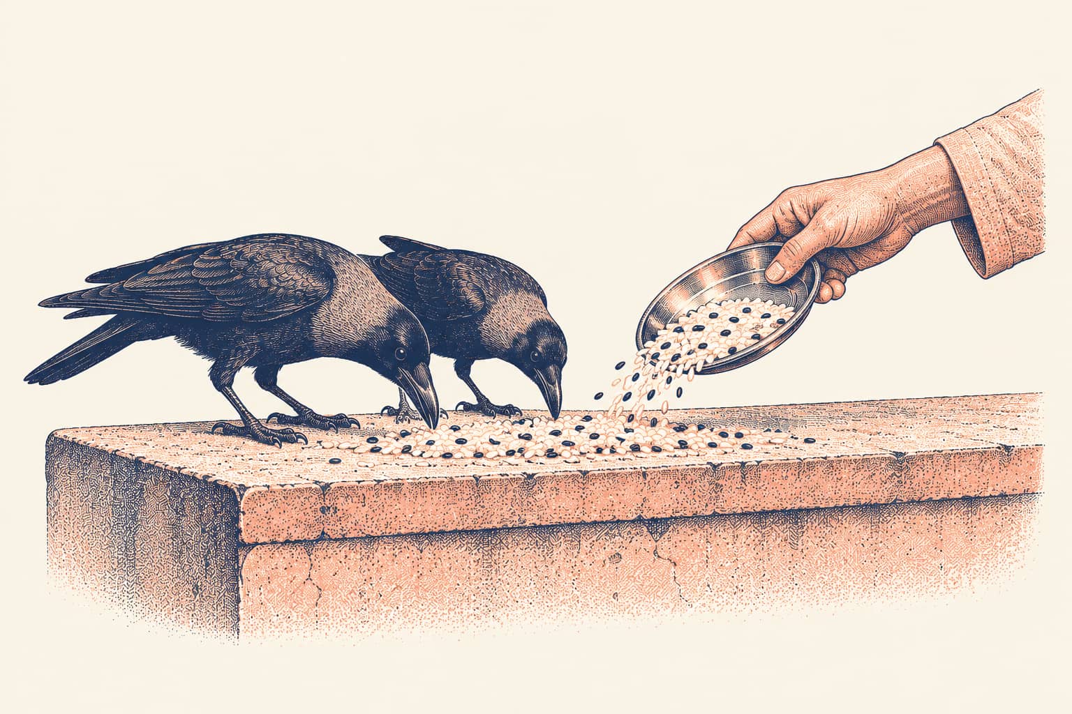 A hand scattering cooked rice mixed with black sesame from a steel plate onto a rooftop parapet where two crows are pecking at it