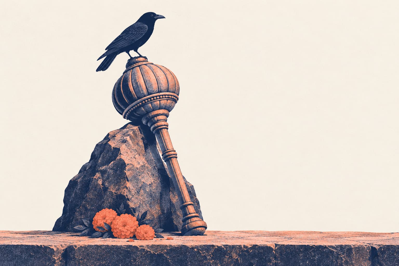 A mace resting upright against a rock with a crow perched on its head and a few marigolds at its base