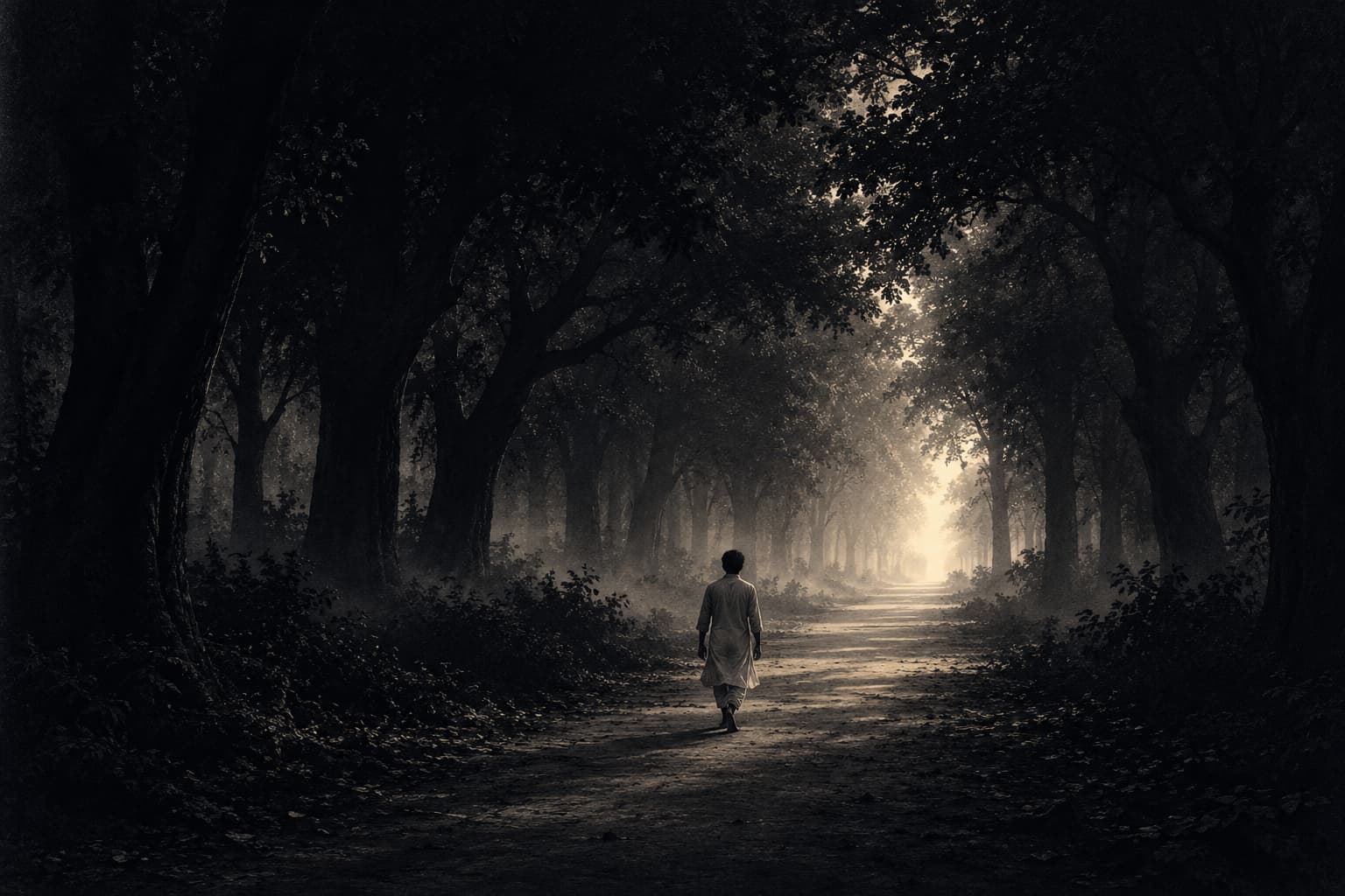 A young man walks barefoot alone down the forest parikrama path at Kokilavan Shani Dham before dawn, toward the first light at its far end