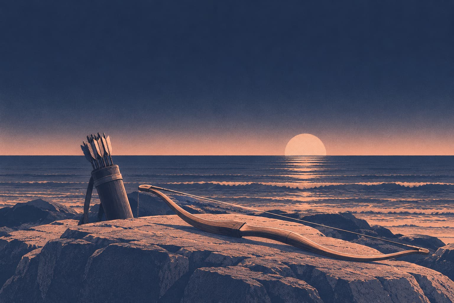 A bow and a quiver of arrows resting on a seashore rock as the Sun rises from the sea