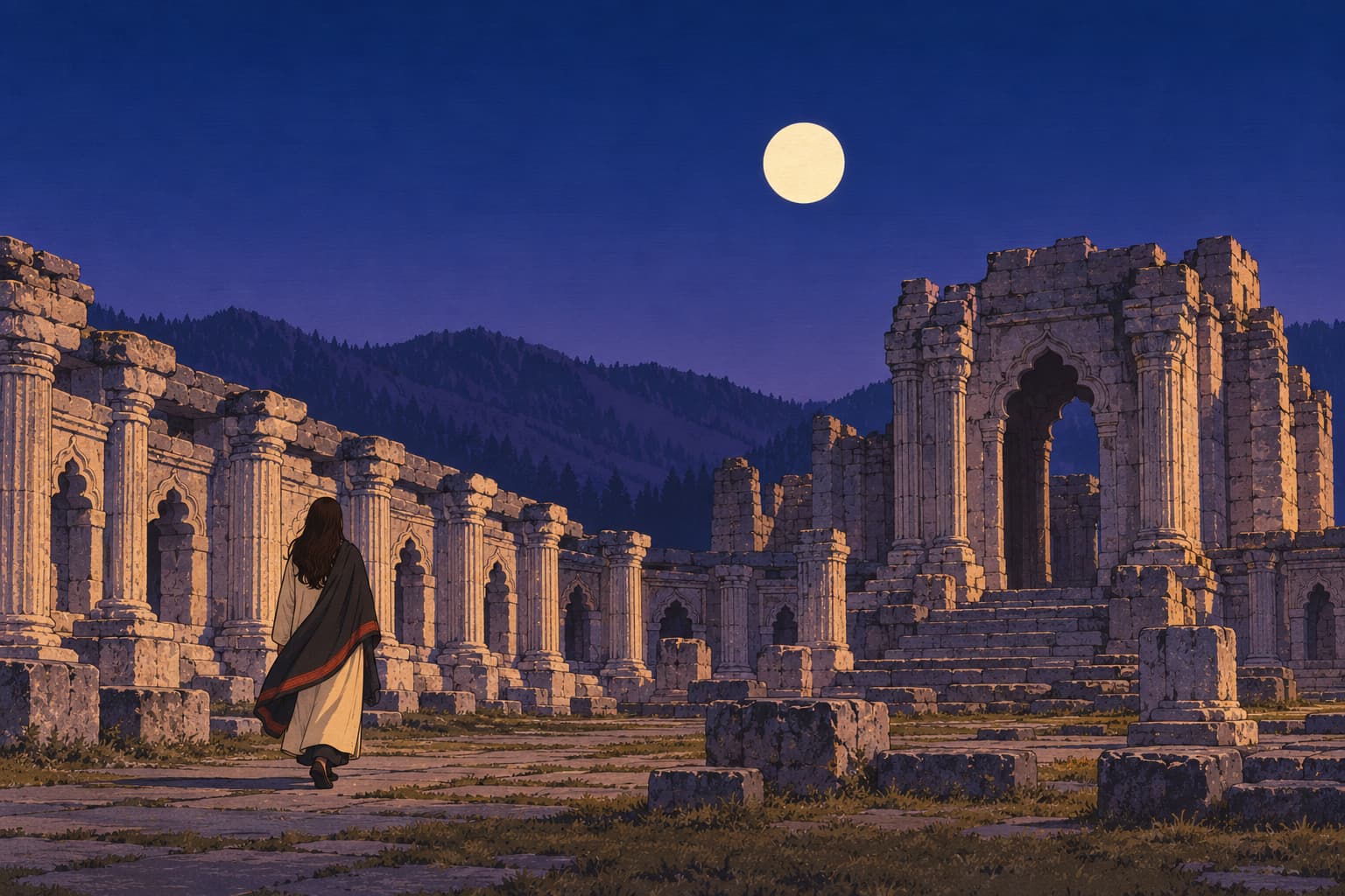 A young woman in a long tunic and shawl walking along the moonlit colonnade of the Martand Sun Temple ruins under a full Moon
