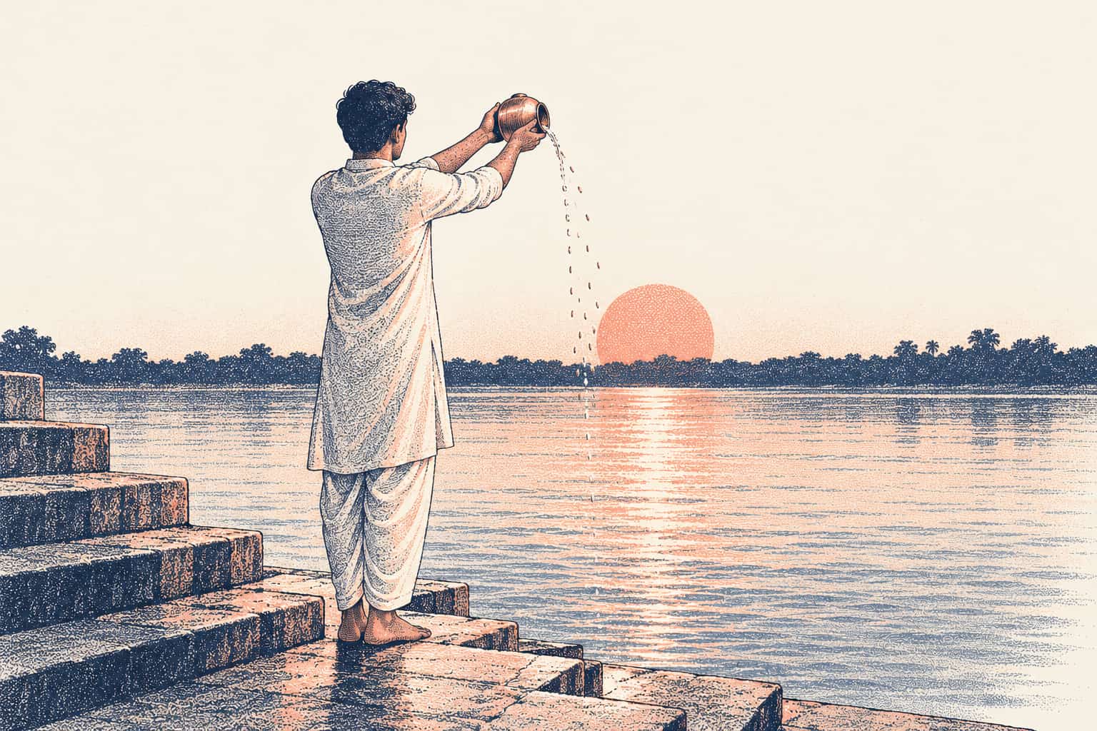 A young man in a white kurta on the river steps at sunrise, pouring water and rice from a copper lota toward the rising Sun