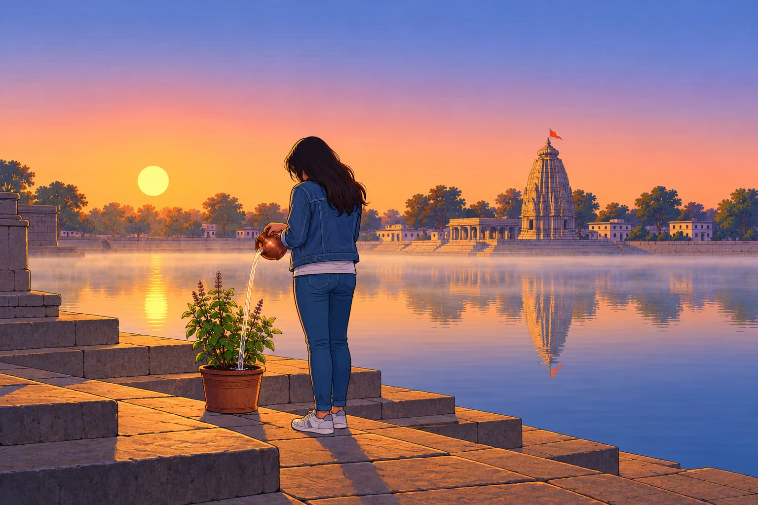 A young woman in a denim jacket pours water from a copper lota into a potted tulsi on the ghat steps of the Sun temple pond at Deo at sunrise, seen from behind, with the temple spire across the water