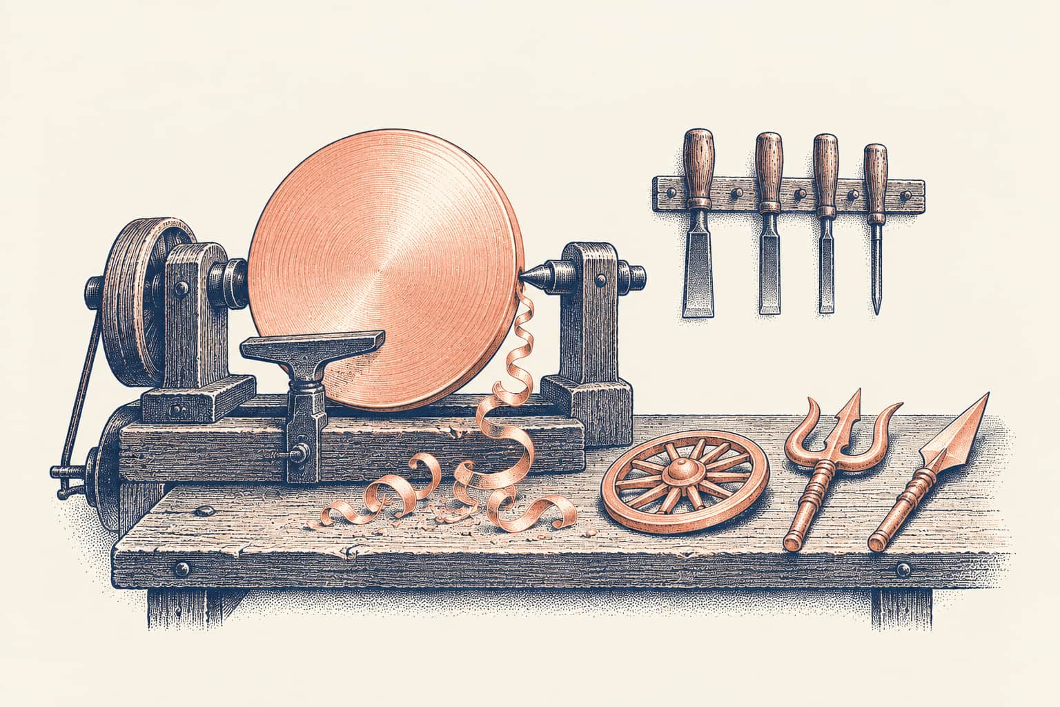 A golden disc mounted on an old wooden lathe sheds curled shavings onto a workbench, where a spoked discus, a trident and a spear lie beside it
