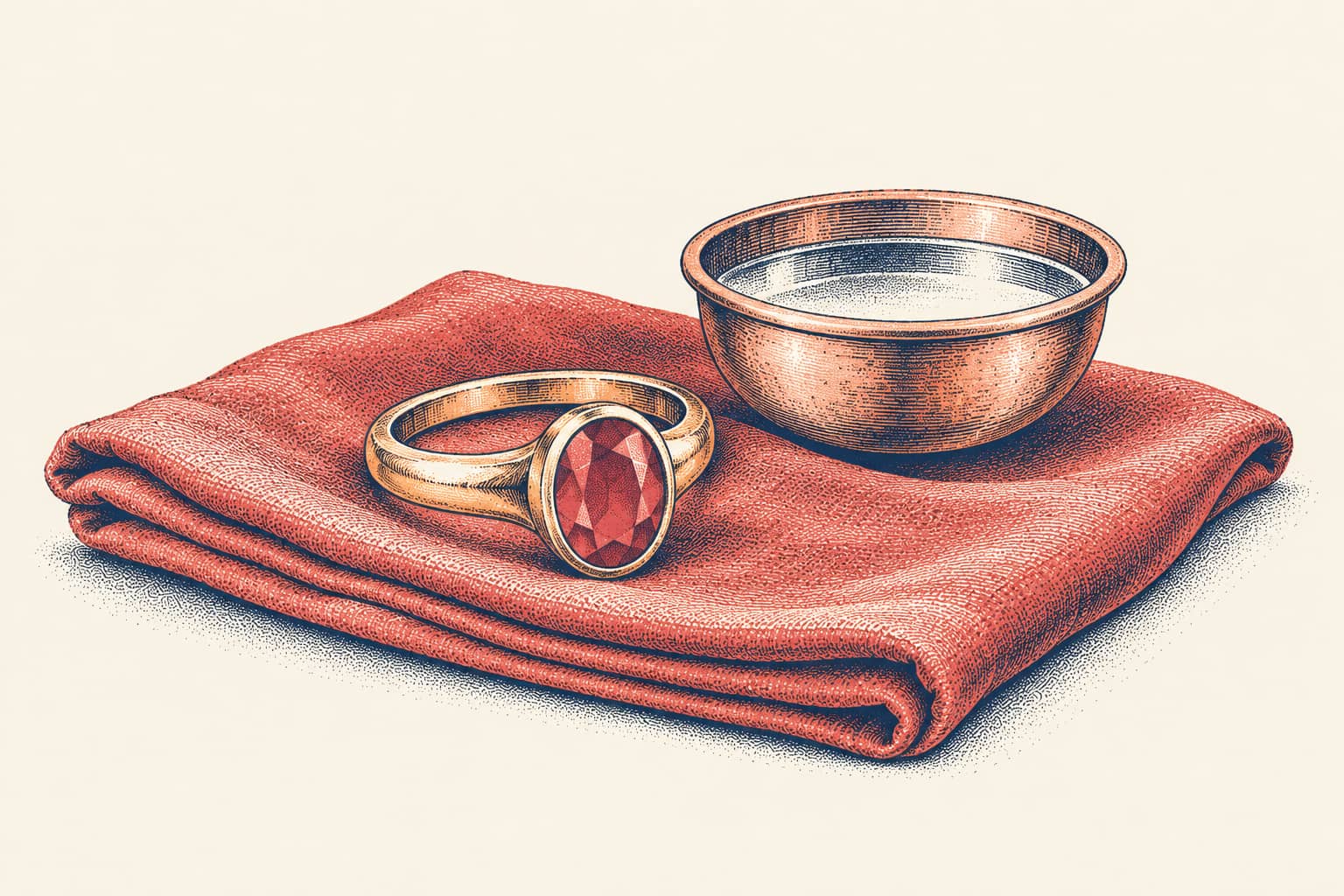 A ruby set in a plain gold ring beside a small copper bowl of water on a folded red cloth