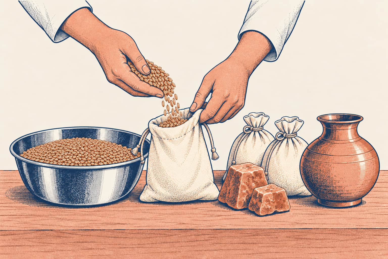 Two hands pour wheat into a small cloth bag on a wooden table, beside a steel bowl of wheat, two blocks of jaggery, two tied bags and a copper lota