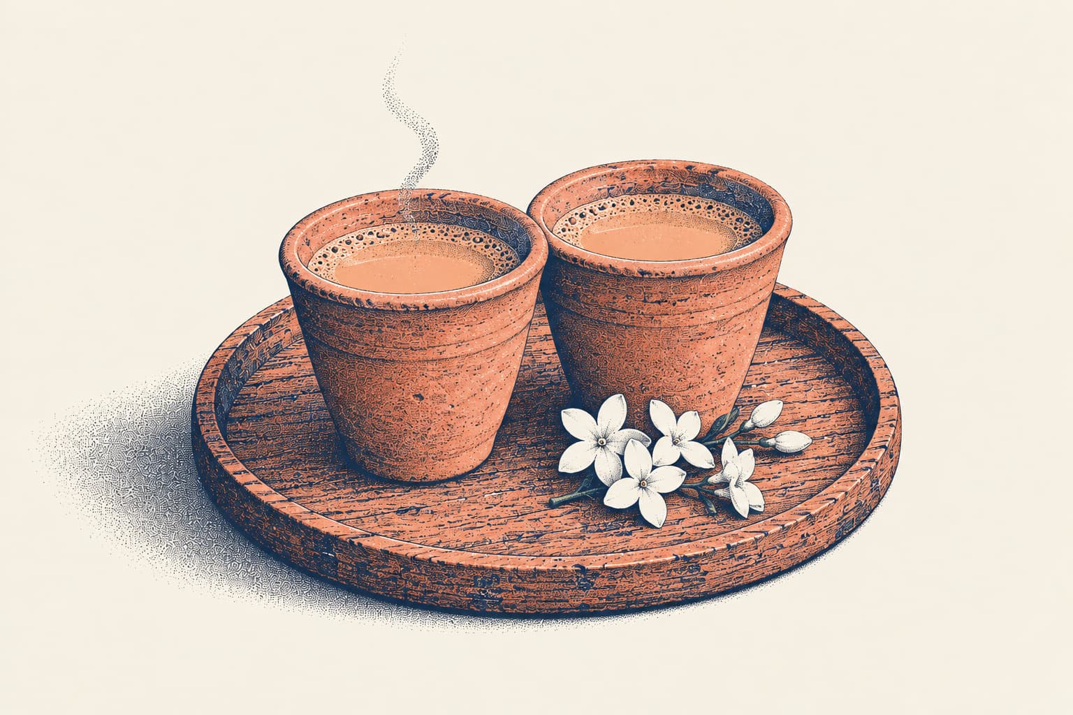 Two terracotta kulhad cups of tea side by side on a small round wooden tray with a sprig of jasmine, drawn in night blue and rose on warm paper