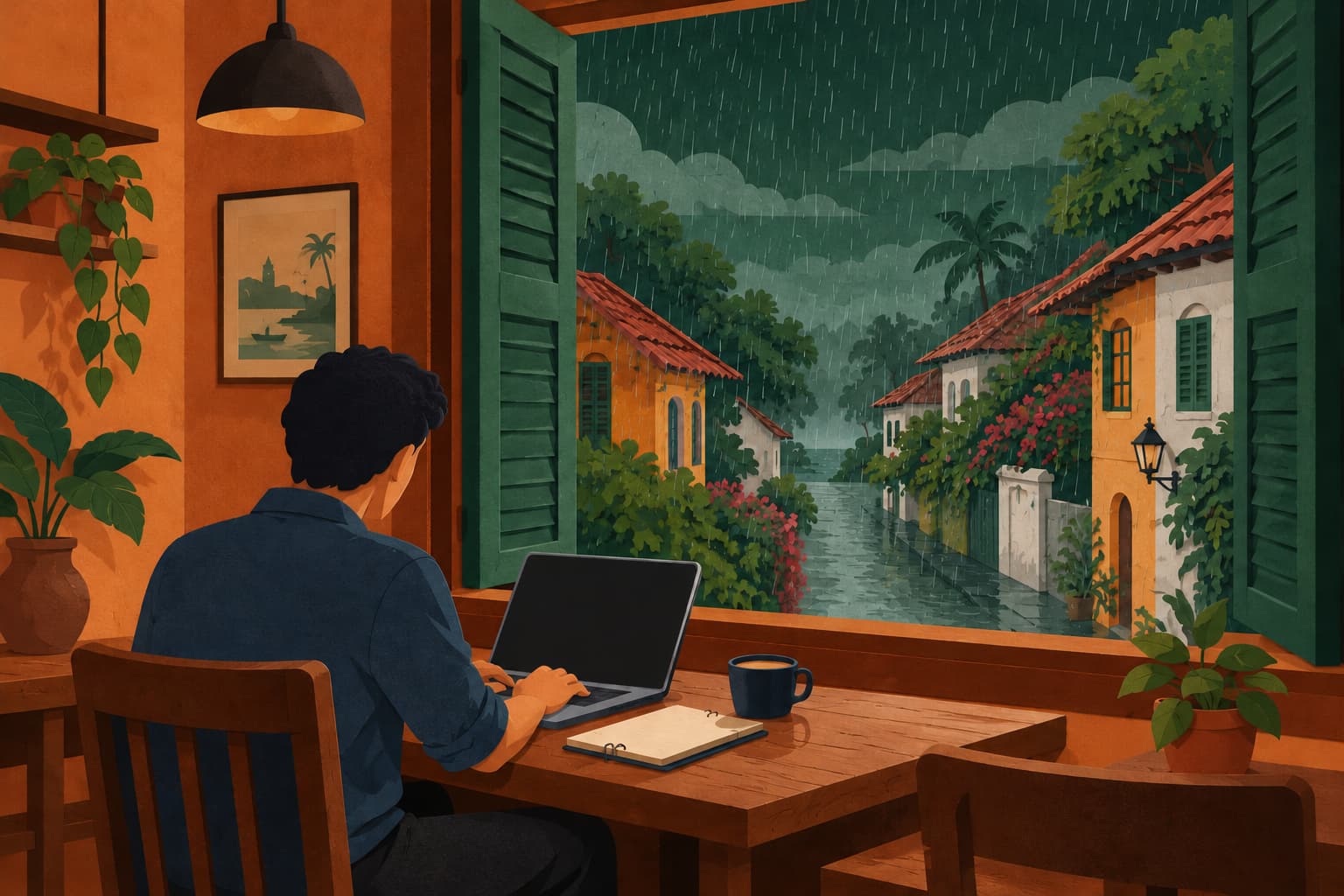 A young man types on a laptop at a window table in a small Fort Kochi cafe while monsoon rain falls on the tiled roofs outside