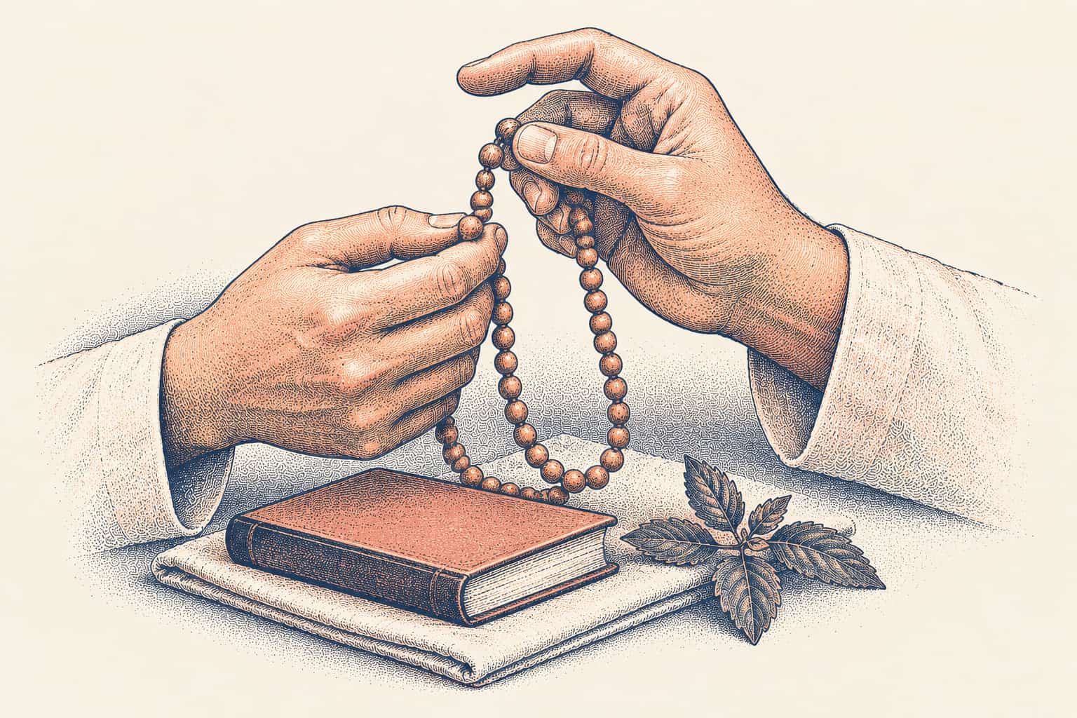Two hands counting a tulsi japa mala bead by bead above a small prayer book and a few tulsi leaves