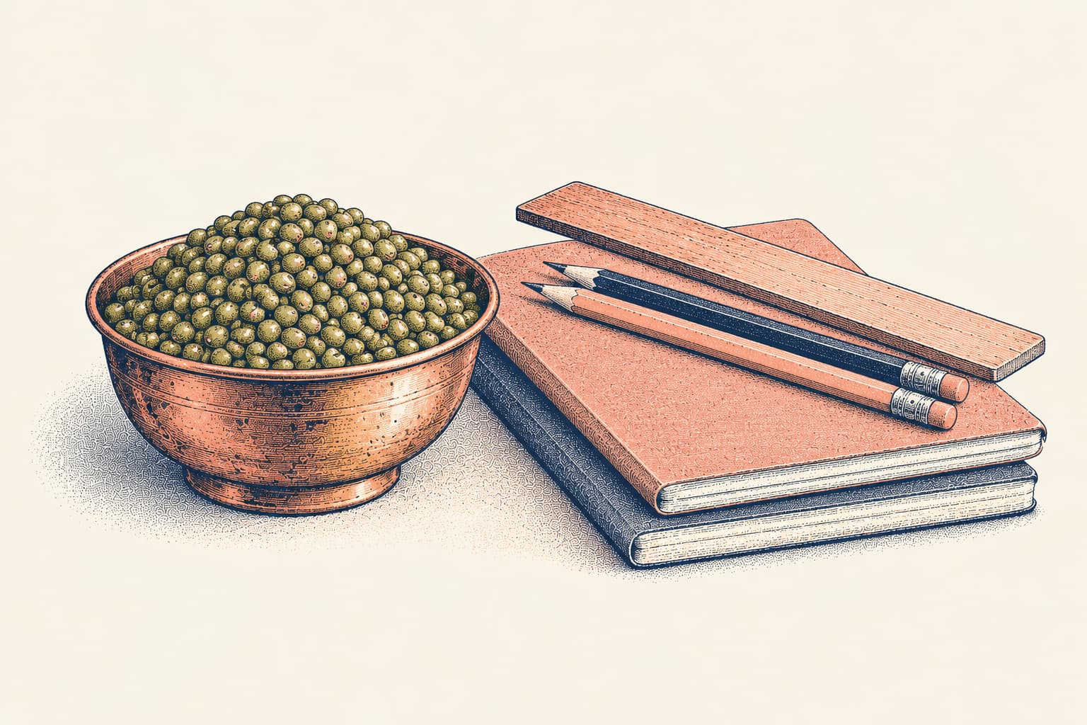 A brass bowl of green moong beans beside two plain notebooks with pencils and a ruler, the Wednesday dana for Mercury