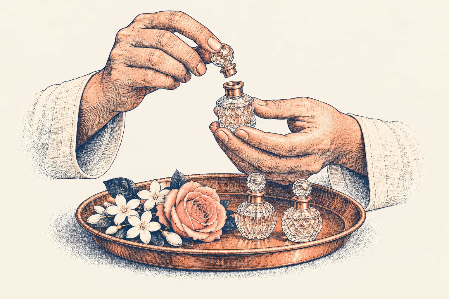 Two hands lift the glass stopper off a small cut-glass attar bottle above a copper tray holding white jasmine, a rose and two more attar bottles