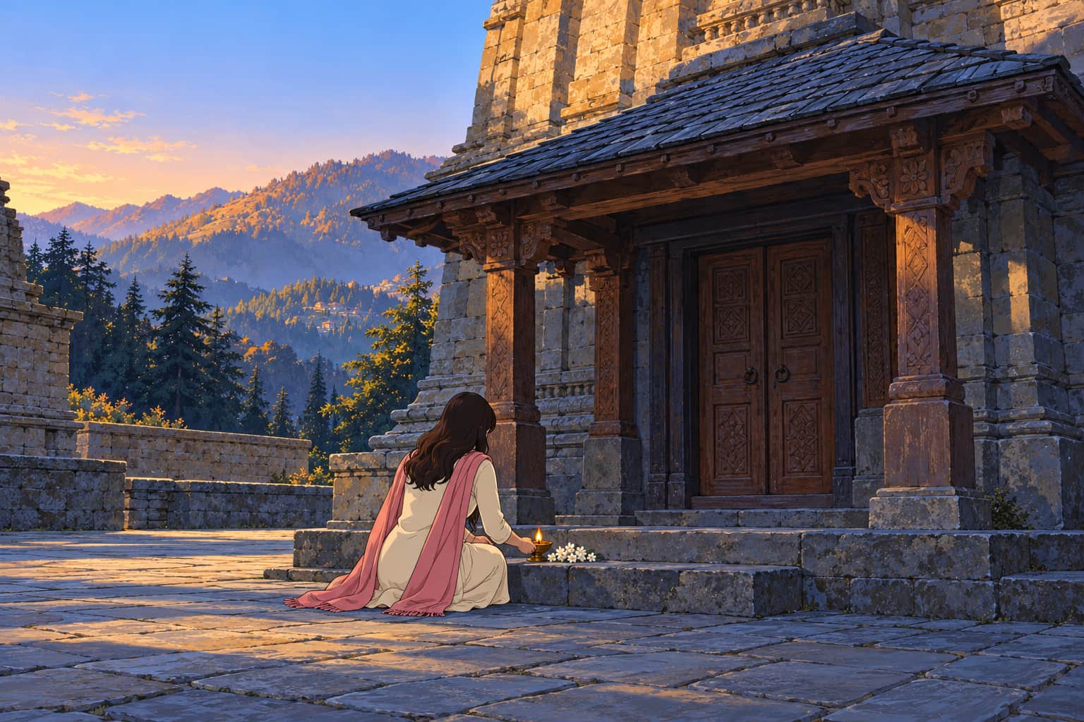 A young woman in a cream kurta and rose dupatta kneels at the closed carved doors of a Lakshmi Narayan temple in Chamba at first light, setting down a ghee lamp beside white jasmine