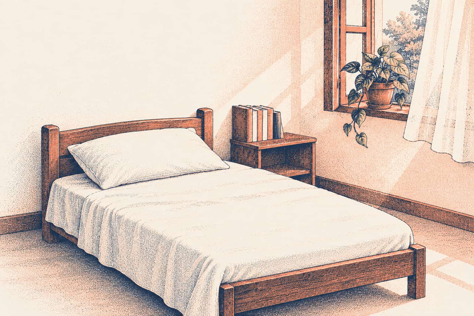 A neatly made single bed with a smooth white bedsheet, a short row of books on the bedside shelf and a money plant on the open window sill