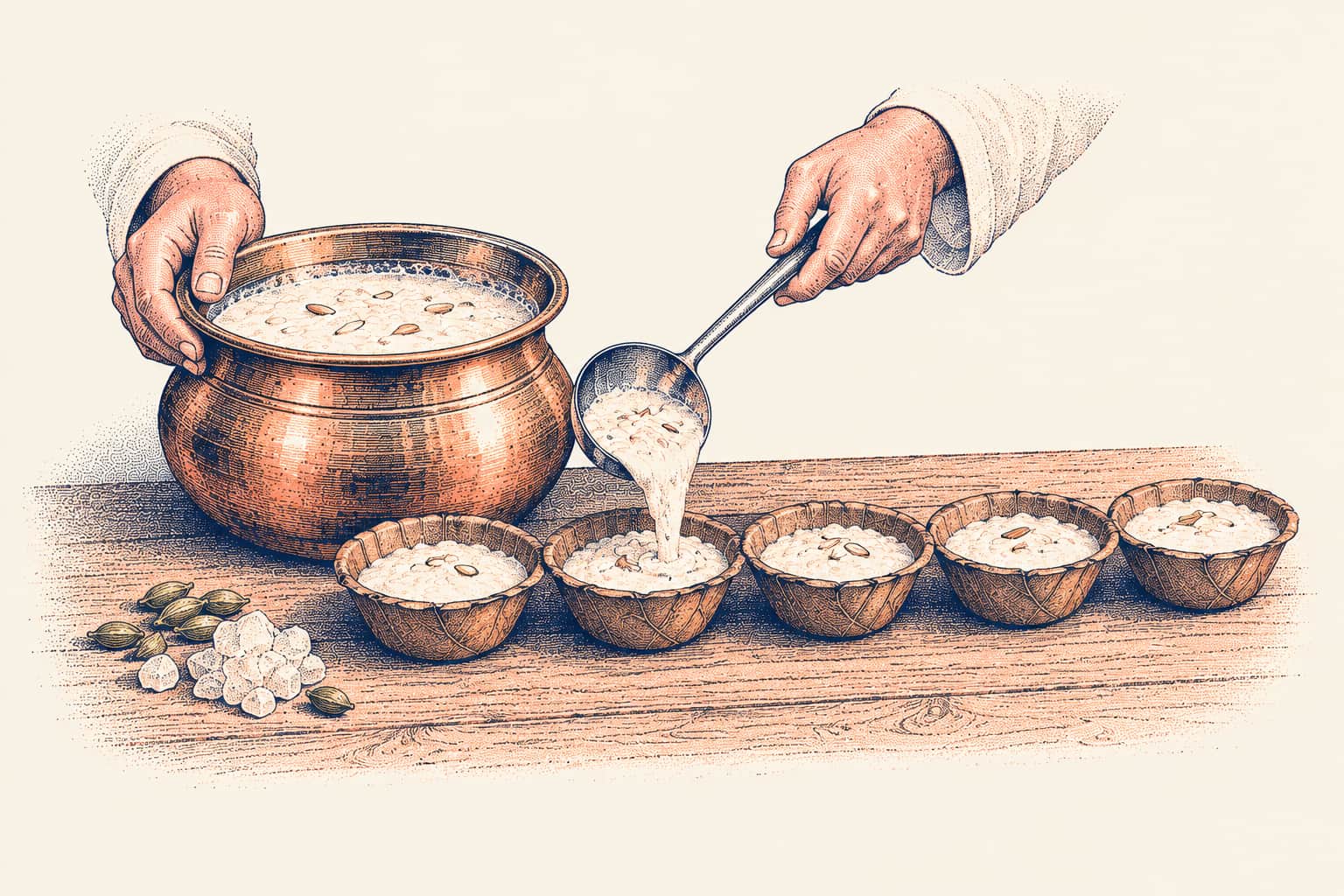 Two hands ladle rice kheer from a metal pot into a row of small leaf bowls on a wooden table, with cardamom pods and rock sugar beside them
