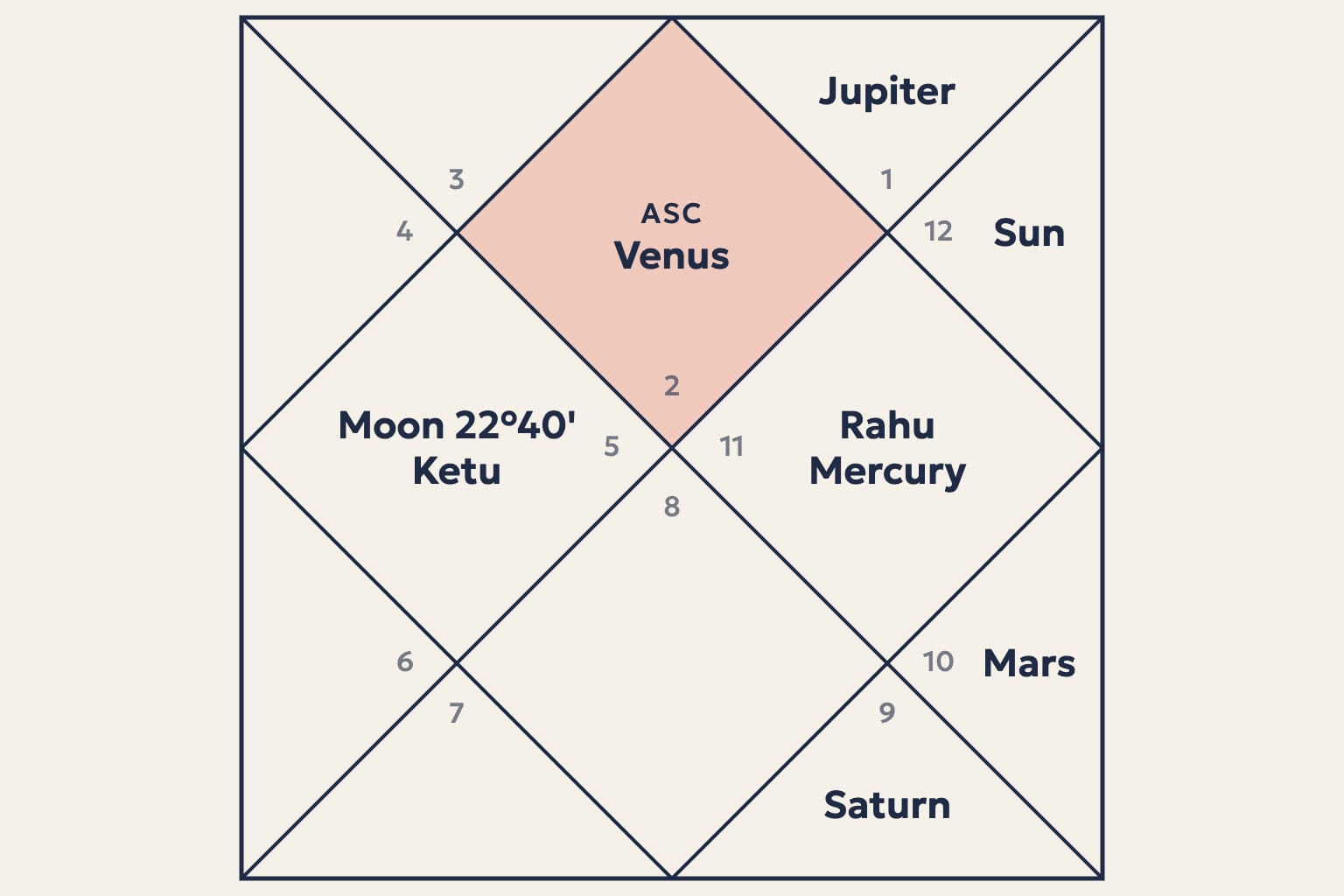 A North Indian birth chart with Taurus rising: Venus in the 1st house, the Moon and Ketu in the 4th, Saturn in the 8th, Mars in the 9th, Rahu and Mercury in the 10th, the Sun in the 11th and Jupiter in the 12th