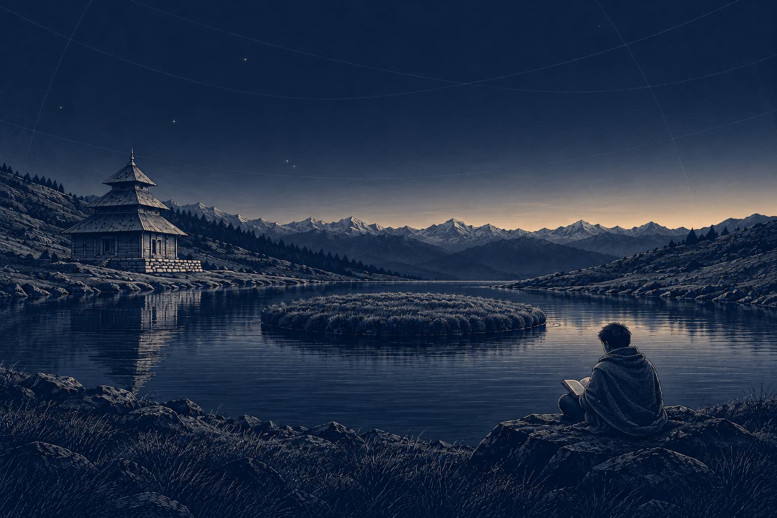 A student in a shawl, seen from behind, reading a book on the shore of Prashar Lake at first light, with sage Parashara's three-roofed temple across the water
