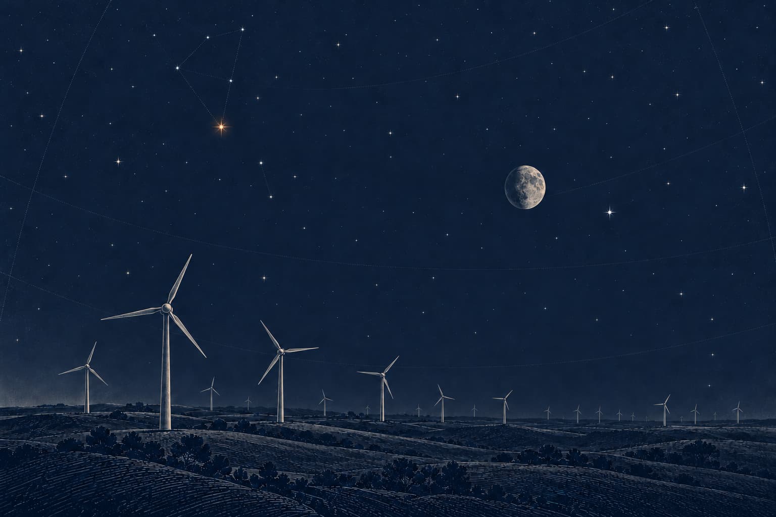 Orange Arcturus high in the night sky with the faint kite of its constellation, and the Moon lower down beside the white star Spica, over the wind turbines of Muppandal in Tamil Nadu