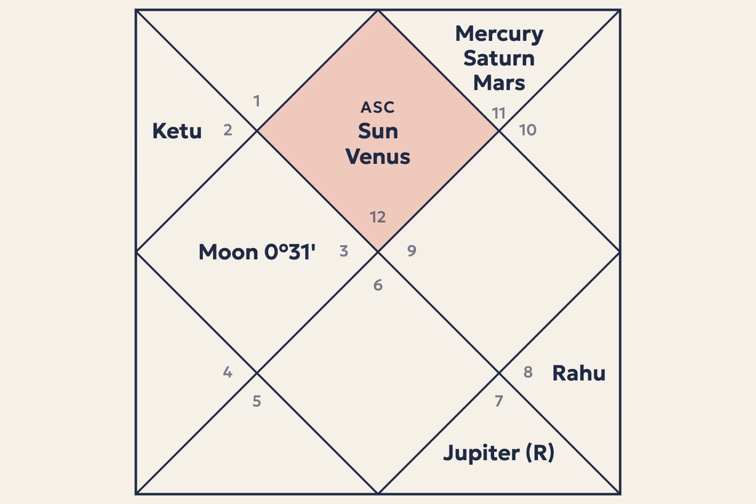 A North Indian birth chart with Pisces rising: the Sun and Venus in the 1st house, Ketu in the 3rd, the Moon in the 4th, Jupiter in the 8th, Rahu in the 9th, and Mercury, Saturn and Mars in the 12th
