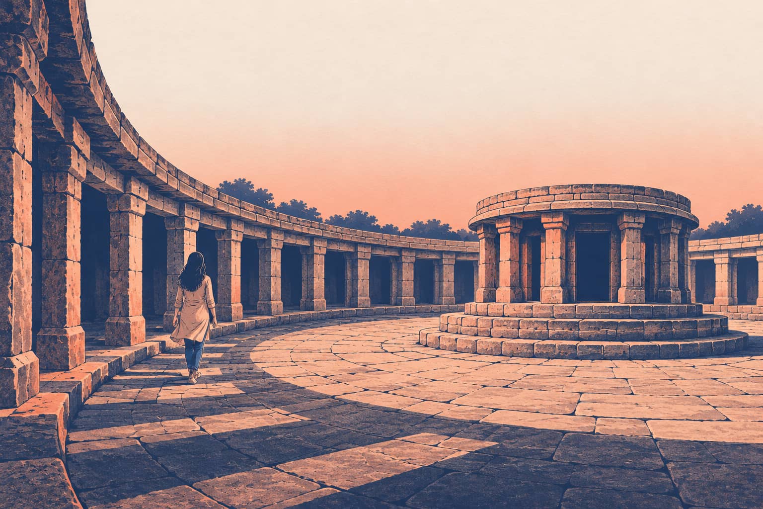 A young woman seen from behind walking the curved pillared gallery inside the circular Chausath Yogini temple at Mitawali at dawn, the round central shrine across the open courtyard